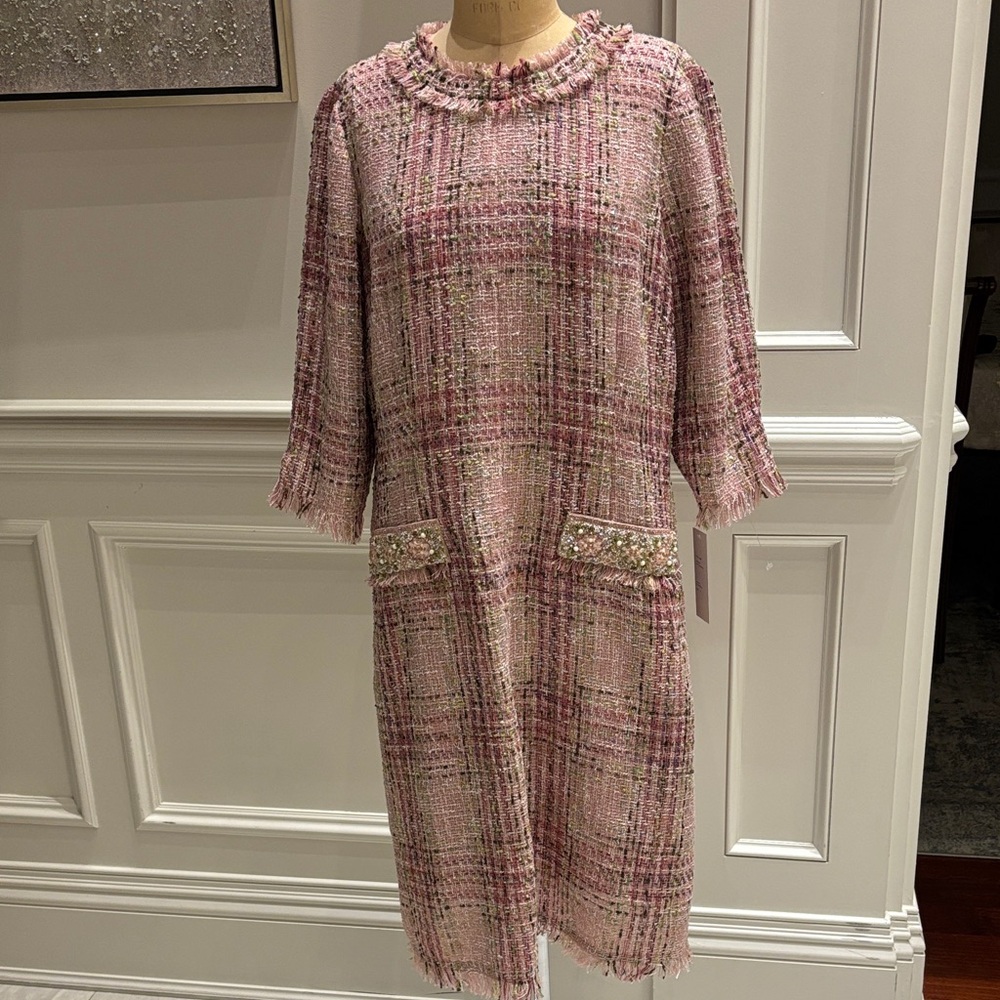 NWT  Teri Jon Pink Plaid  tweed Midi Dress with beaded pockets